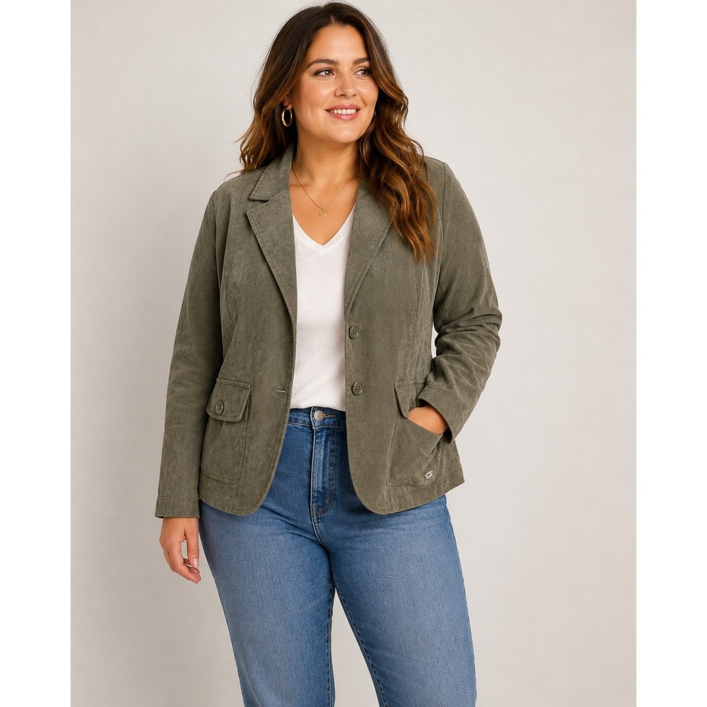 Ruff Hewn Leather Blazer Womens XL Olive Green Good Perforated Floral Lining